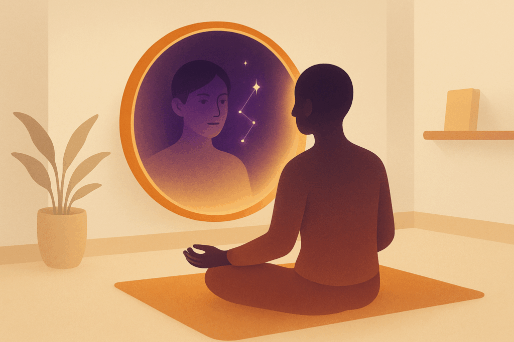 A person sitting cross-legged in front of a softly glowing round mirror on a warm-toned floor mat.